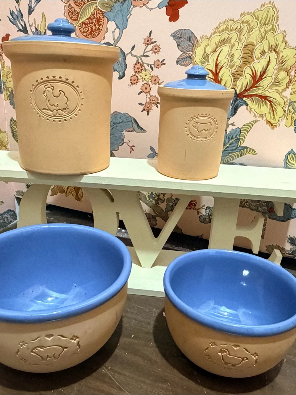 Blue-Trim Ceramic Canisters & Bowls Set